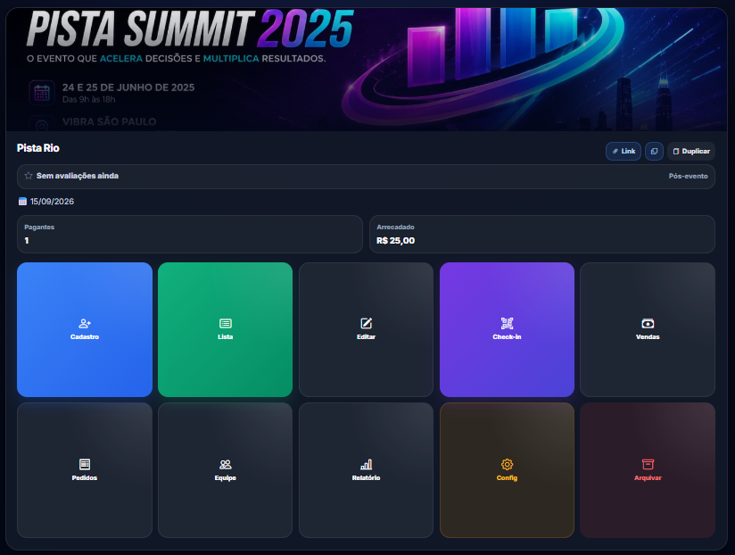 Tela real da lista de participantes e ingresso digital do Pista